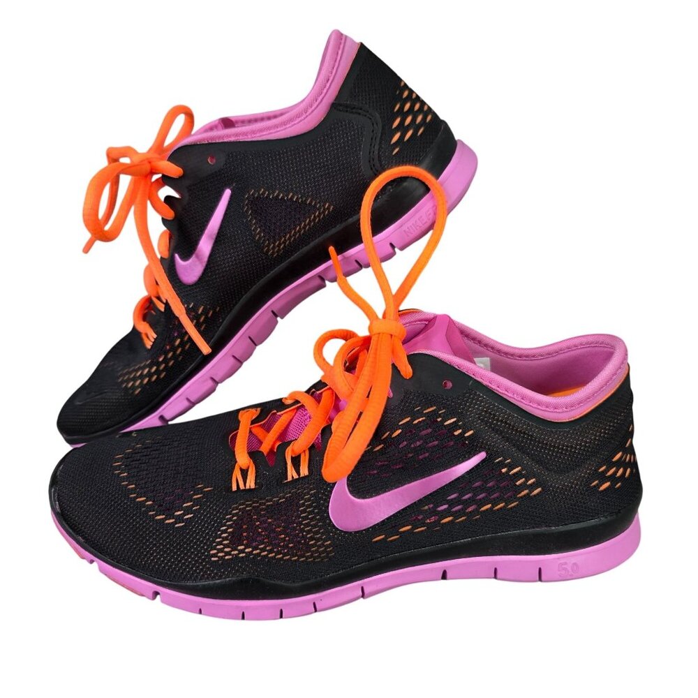 Womens Nike Free 5.0 TR Athletic Shoes Black Pink Orange Woven Mesh Size 6.5